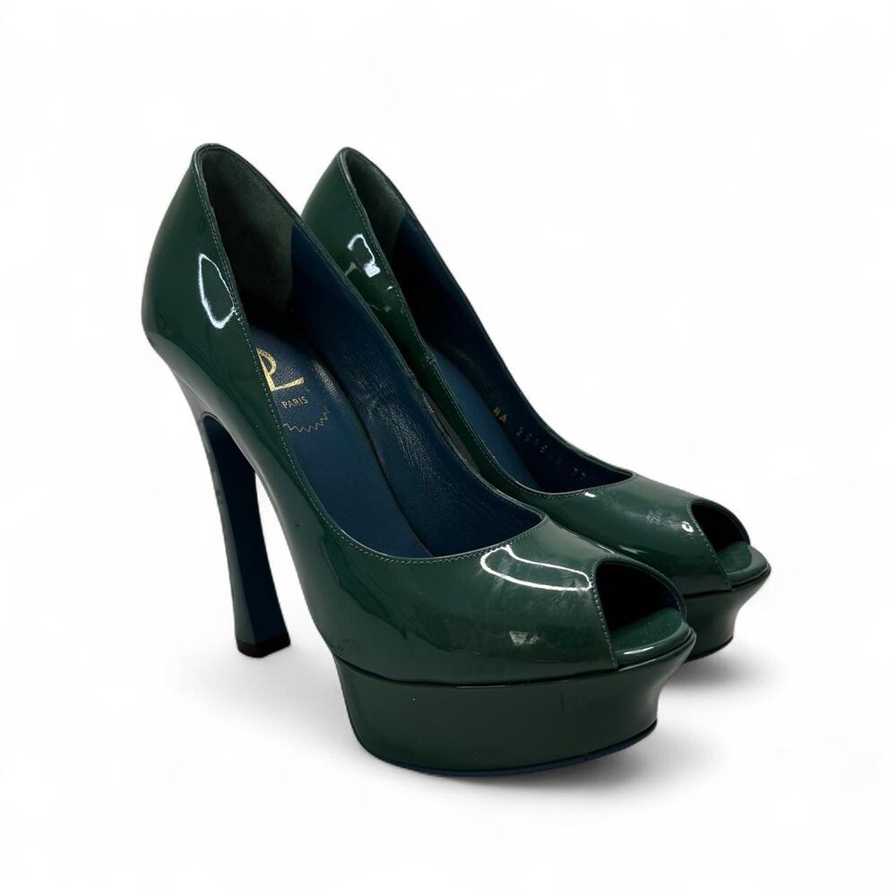 YSL Palais Patent Leather Vintage Blue Peep Toe High Heels So beautiful size 37